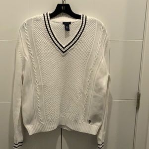 White Golf V-Neck Navy Trim Sweater